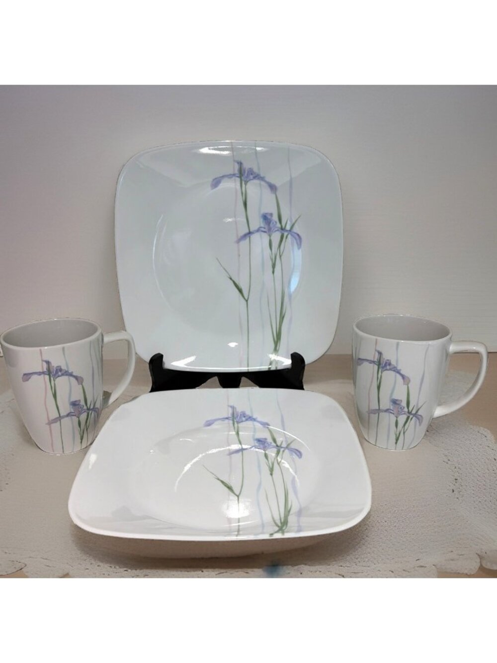 Vintage Corelle Shadow Iris 2 Square Luncheon Plates 9" & 2 Mugs Impressions